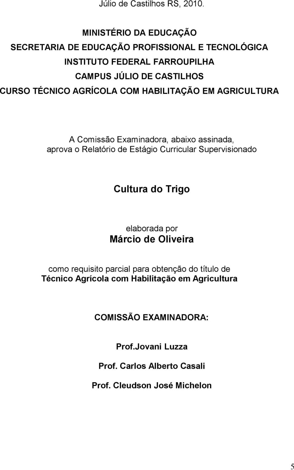 TÉCNICO AGRÍCOLA COM HABILITAÇÃO EM AGRICULTURA A Comissão Examinadora, abaixo assinada, aprova o Relatório de Estágio Curricular