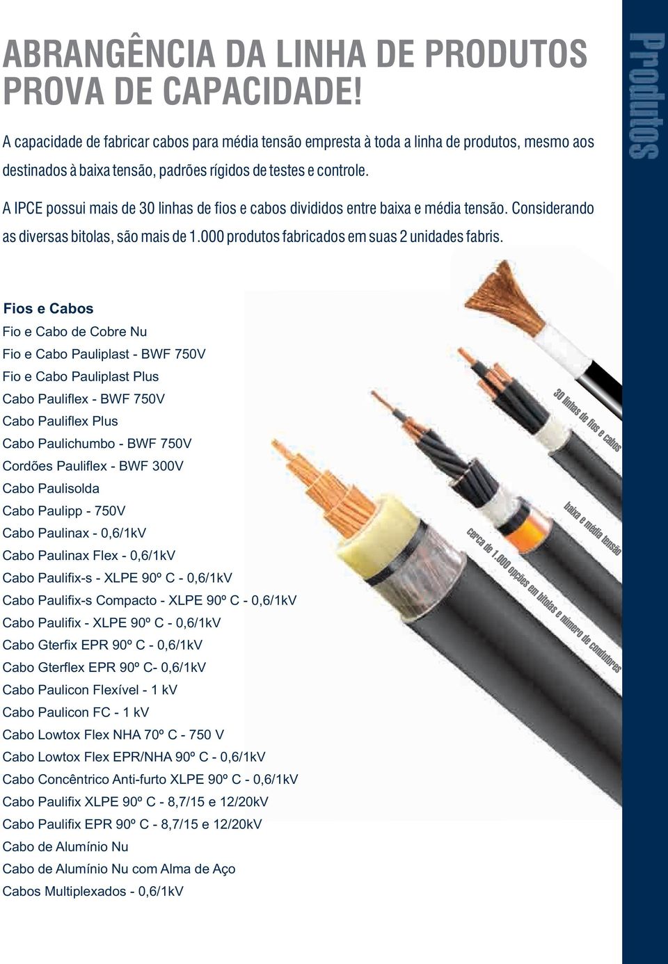 A IPCE possui mais de 30 linhas de fios e cabos divididos entre baixa e média tensão. Considerando as diversas bitolas, são mais de 1.000 produtos fabricados em suas 2 unidades fabris.