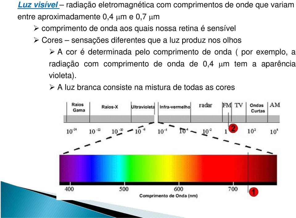 luz produz nos olhos A cor é determinada pelo comprimento de onda ( por exemplo, a radiação com