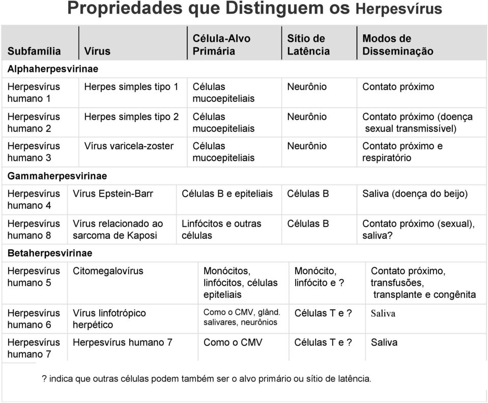 mucoepiteliais Sítio de Latência Neurônio Neurônio Neurônio Modos de Disseminação Contato próximo Contato próximo (doença sexual transmissível) Contato próximo e respiratório Vírus Epstein-Barr