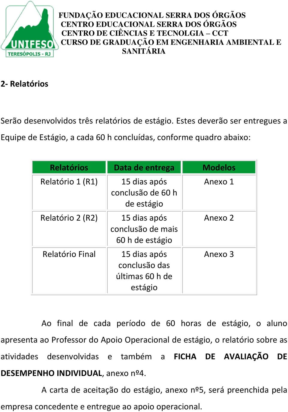 dias após conclusão de 60 h de estágio 15 dias após conclusão de mais 60 h de estágio 15 dias após conclusão das últimas 60 h de estágio Anexo 1 Anexo 2 Anexo 3 Ao final de cada período