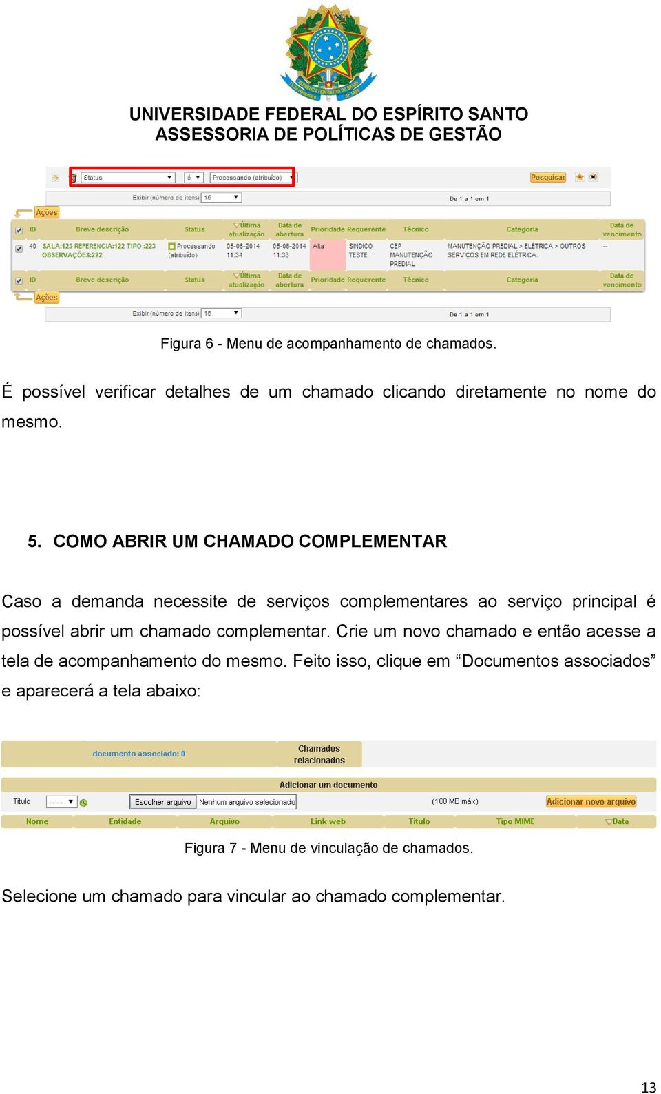 chamado complementar. Crie um novo chamado e então acesse a tela de acompanhamento do mesmo.