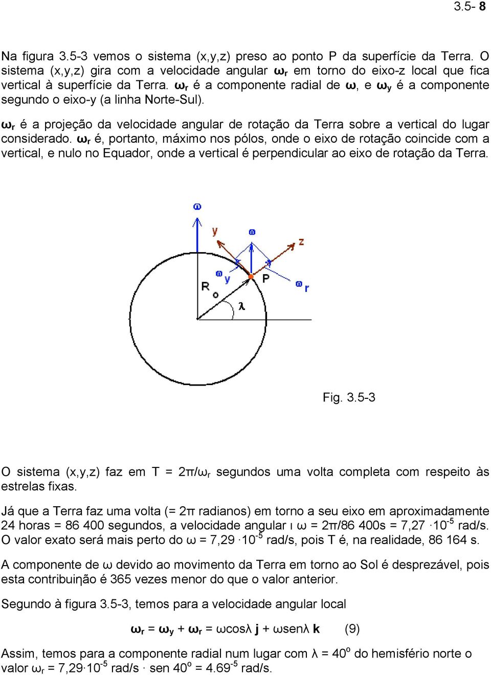 ω r é a componente radial de ω, e ω y é a componente segundo o eixo-y (a linha Norte-Sul). ω r é a projeção da velocidade angular de rotação da Terra sobre a vertical do lugar considerado.