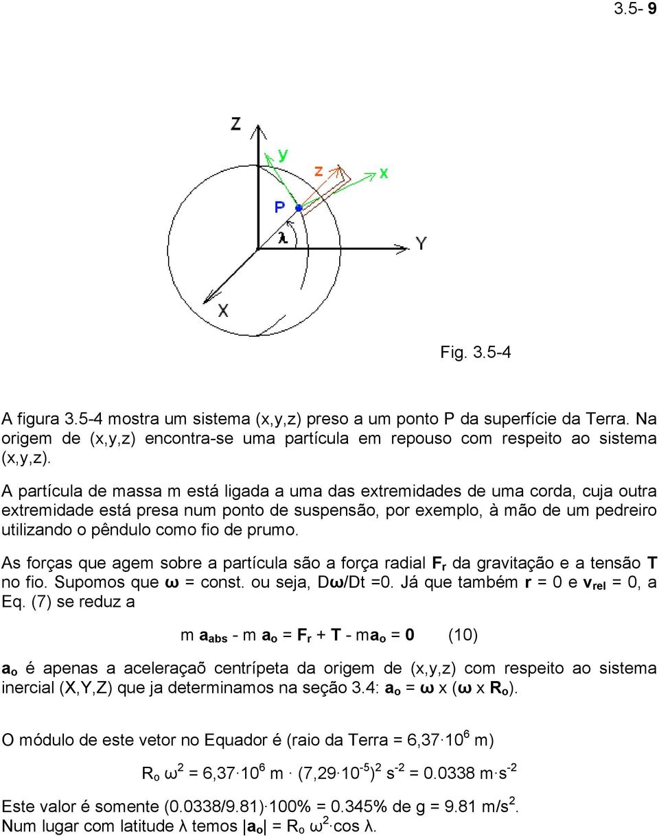 prumo. As forças que agem sobre a partícula são a força radial F r da gravitação e a tensão T no fio. Supomos que ω = const. ou seja, Dω/Dt =0. Já que também r = 0 e v rel = 0, a Eq.