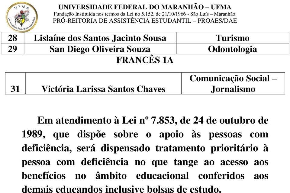 853, de 24 de outubro de 1989, que dispõe sobre o apoio às pessoas com deficiência, será dispensado tratamento