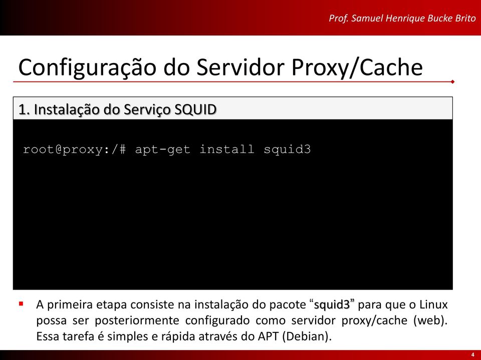 etapa consiste na instalação do pacote squid3 para que o Linux possa ser