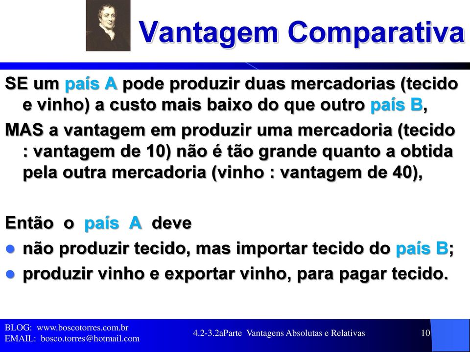 obtida pela outra mercadoria (vinho : vantagem de 40), Então o país A deve não produzir tecido, mas importar