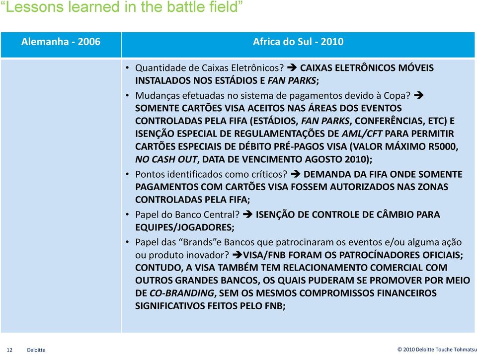 SOMENTE CARTÕES VISA ACEITOS NAS ÁREAS DOS EVENTOS CONTROLADAS PELA FIFA (ESTÁDIOS, FAN PARKS, CONFERÊNCIAS, ETC) E ISENÇÃO ESPECIAL DE REGULAMENTAÇÕES DE AML/CFT PARA PERMITIR CARTÕES ESPECIAIS DE