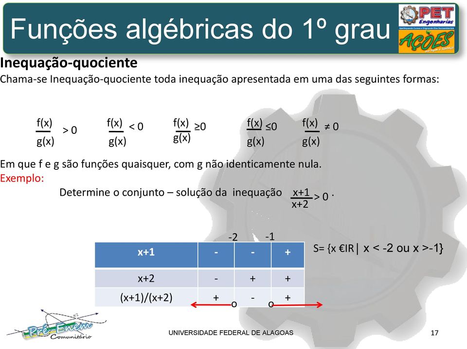 quaisquer, com g não identicamente nula. Exemplo: Determine o conjunto solução da inequação x+1.