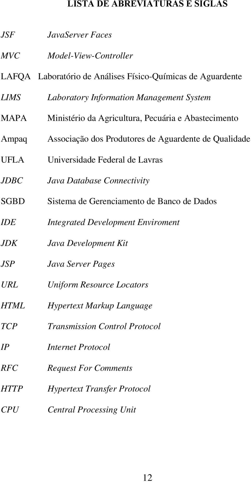 Qualidade Universidade Federal de Lavras Java Database Connectivity Sistema de Gerenciamento de Banco de Dados Integrated Development Enviroment Java Development Kit Java
