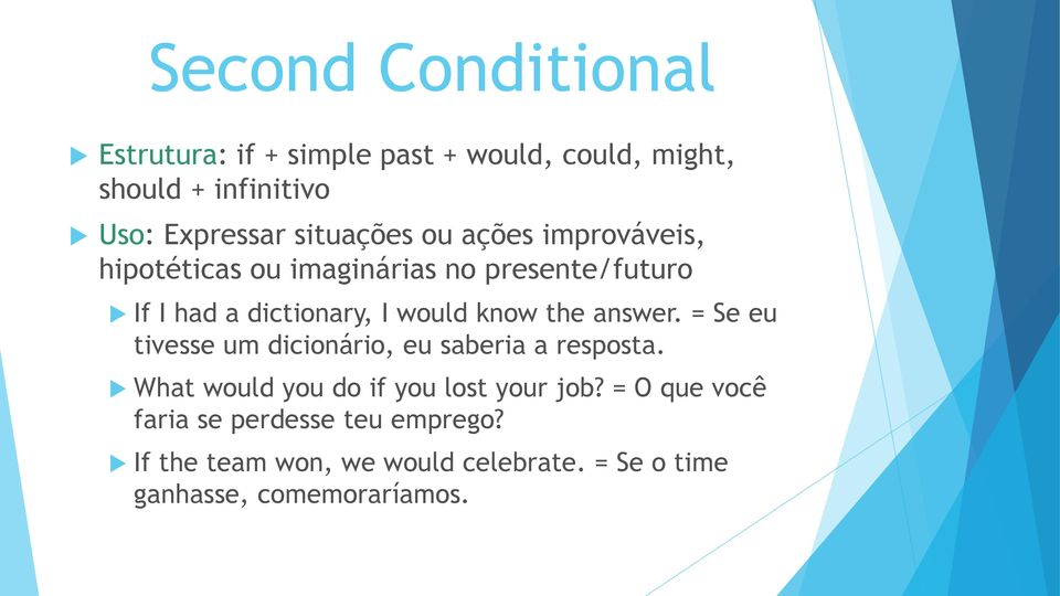 know the answer. = Se eu tivesse um dicionário, eu saberia a resposta. What would you do if you lost your job?