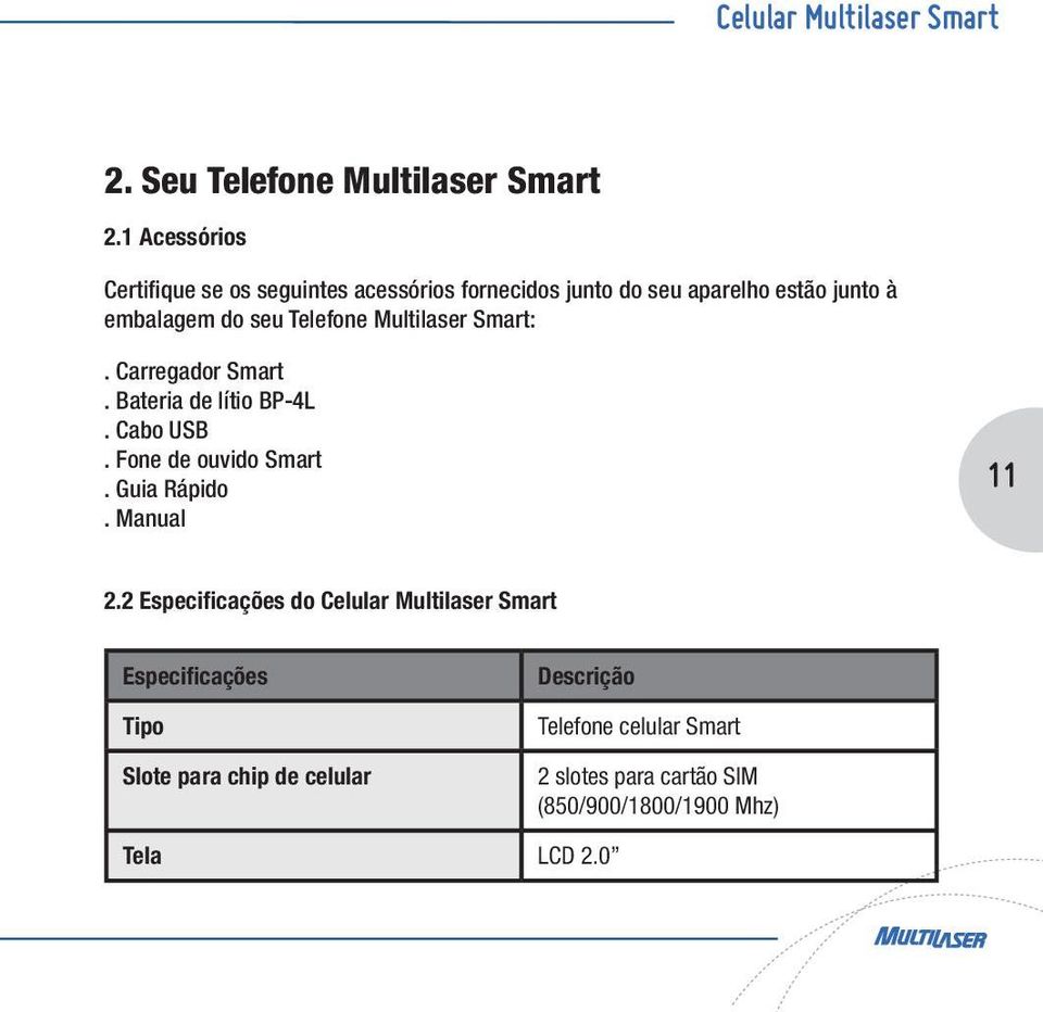 Telefone Multilaser Smart:. Carregador Smart. Bateria de lítio BP-4L. Cabo USB. Fone de ouvido Smart. Guia Rápido.
