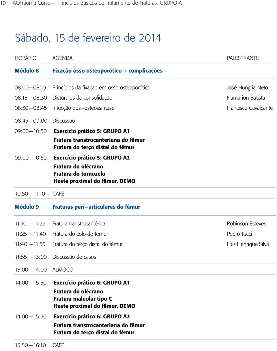 Discussão 09:00 10:50 Exercício prático 5: GRUPO A1 Fratura transtrocanteriana do fêmur Fratura do terço distal do fêmur 09:00 10:50 Exercício prático 5: GRUPO A2 10:50 11:10 CAFÉ Fratura do olécrano