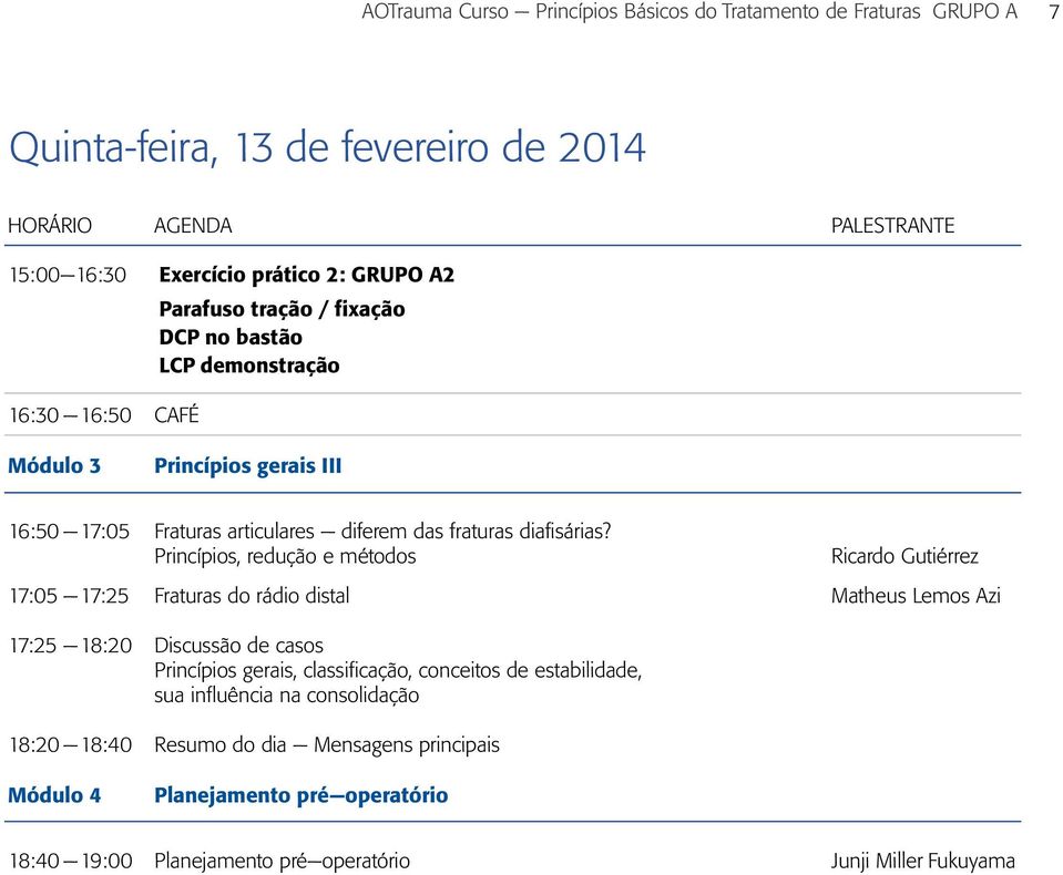 Princípios, redução e métodos Ricardo Gutiérrez 17:05 17:25 Fraturas do rádio distal Matheus Lemos Azi 17:25 18:20 Discussão de casos Princípios gerais, classificação, conceitos de