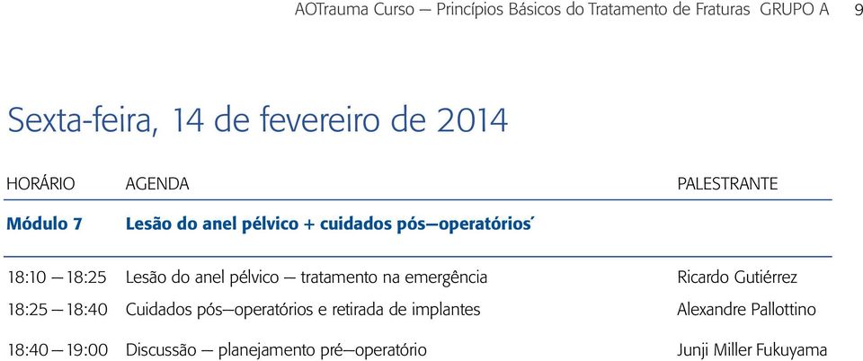 Lesão do anel pélvico tratamento na emergência Ricardo Gutiérrez 18:25 18:40 Cuidados pós operatórios e