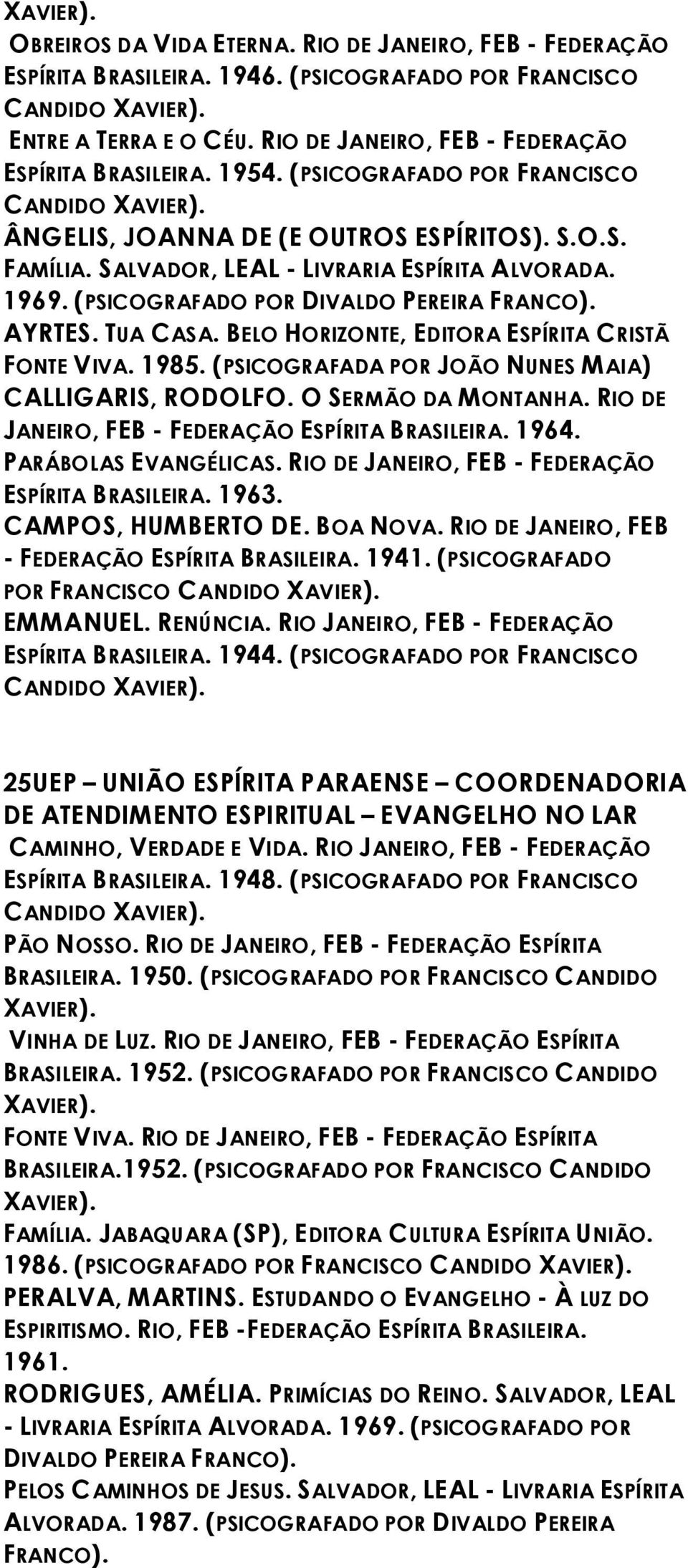 SALVADOR, LEAL - LIVRARIA ESPÍRITA ALVORADA. 1969. (PSICOGRAFADO POR DIVALDO PEREIRA FRANCO). AYRTES. TUA CASA. BELO HORIZONTE, EDITORA ESPÍRITA CRISTÃ FONTE VIVA. 1985.