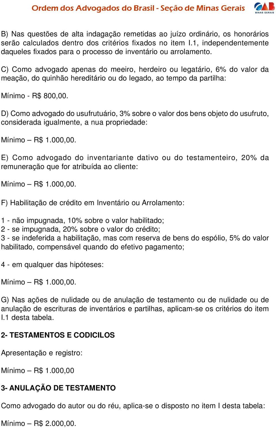 C) Como advogado apenas do meeiro, herdeiro ou legatário, 6% do valor da meação, do quinhão hereditário ou do legado, ao tempo da partilha: Mínimo - R$ 800,00.