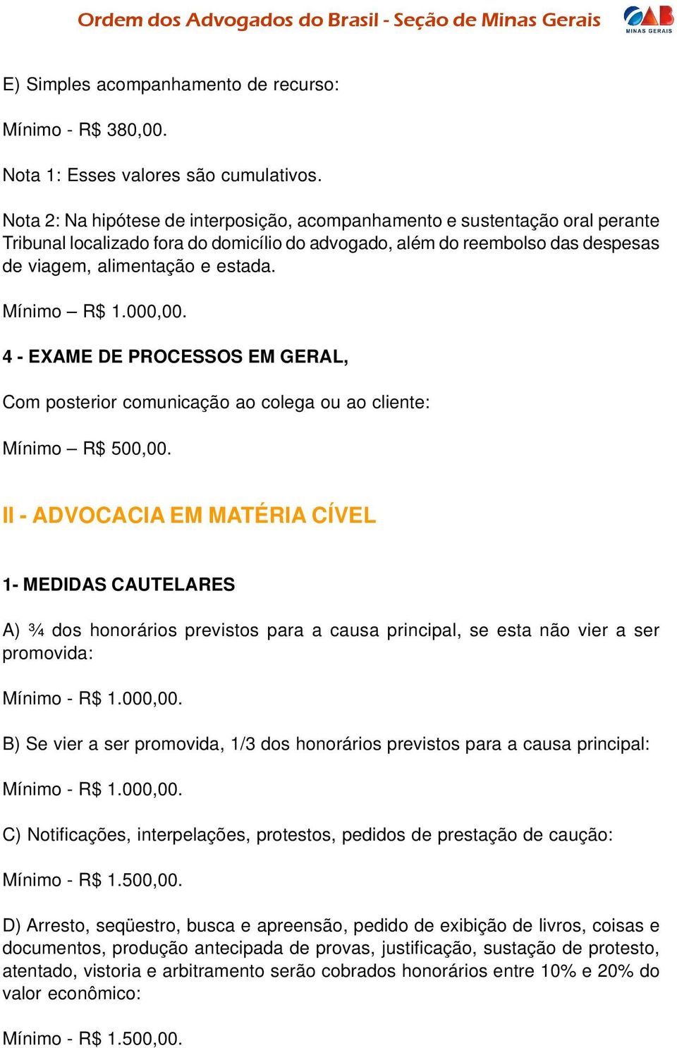 4 - EXAME DE PROCESSOS EM GERAL, Com posterior comunicação ao colega ou ao cliente: Mínimo R$ 500,00.