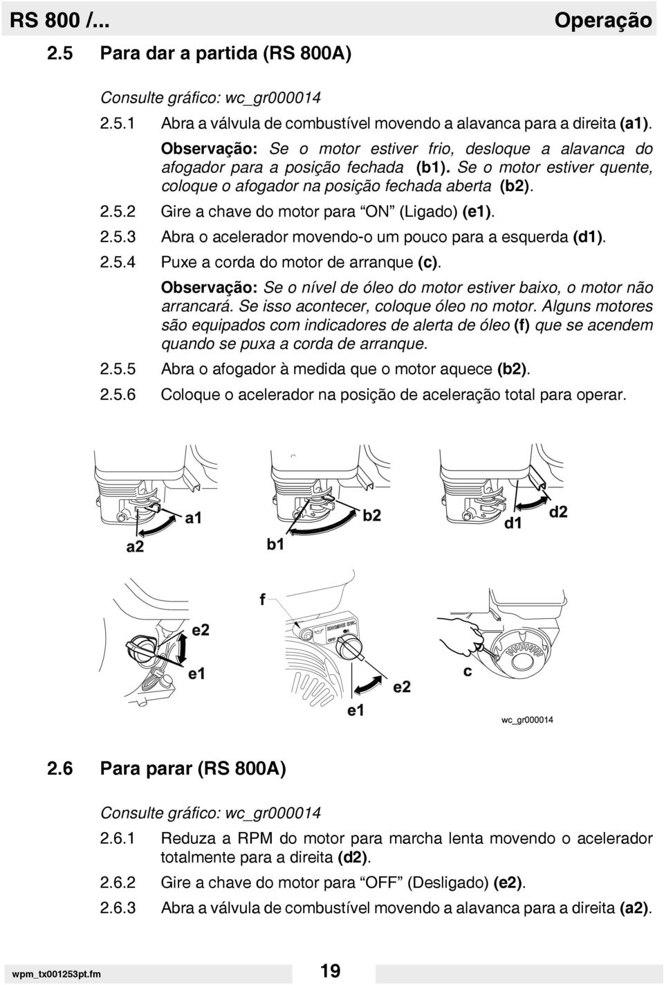 2 Gire a chave do motor para ON (Ligado) (e1). 2.5.3 Abra o acelerador movendo-o um pouco para a esquerda (d1). 2.5.4 Puxe a corda do motor de arranque (c).