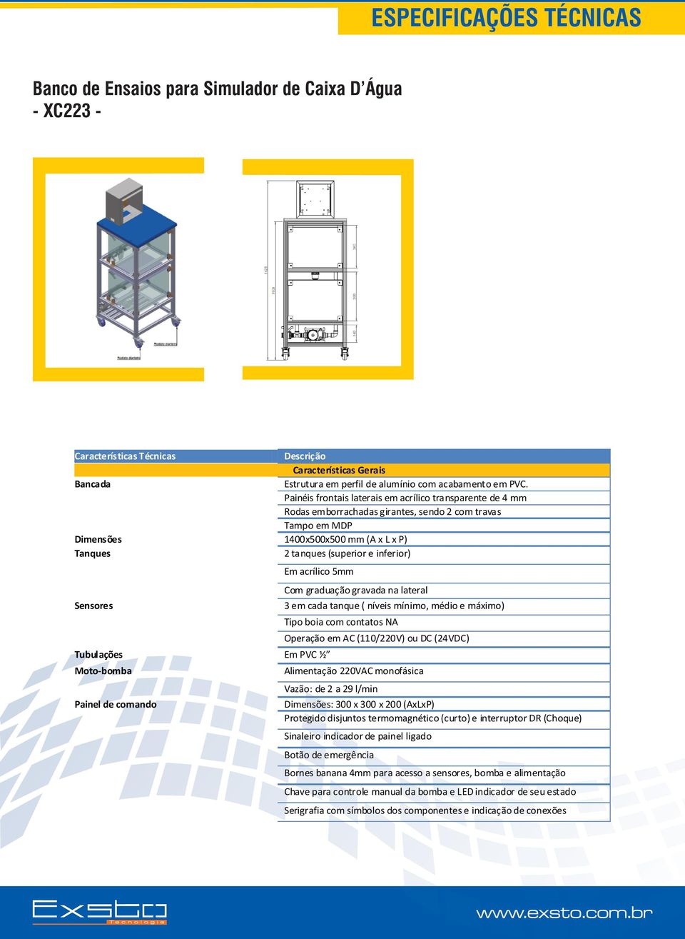 Sensores Em acrílico 5mm Tubulações Em PVC ½ Moto-bomba Painel de comando Com graduação gravada na lateral 3 em cada tanque ( níveis mínimo, médio e máximo) Tipo boia com contatos NA Operação em AC