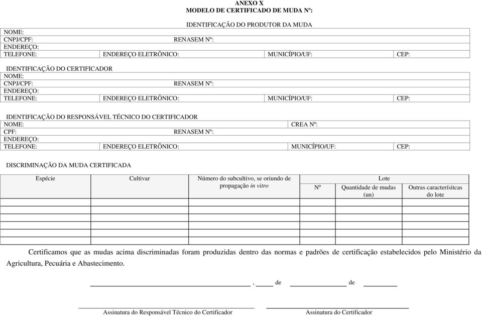 Outras caracterísitcas do lote Certificamos que as mudas acima discriminadas foram produzidas dentro das normas e padrões de certificação