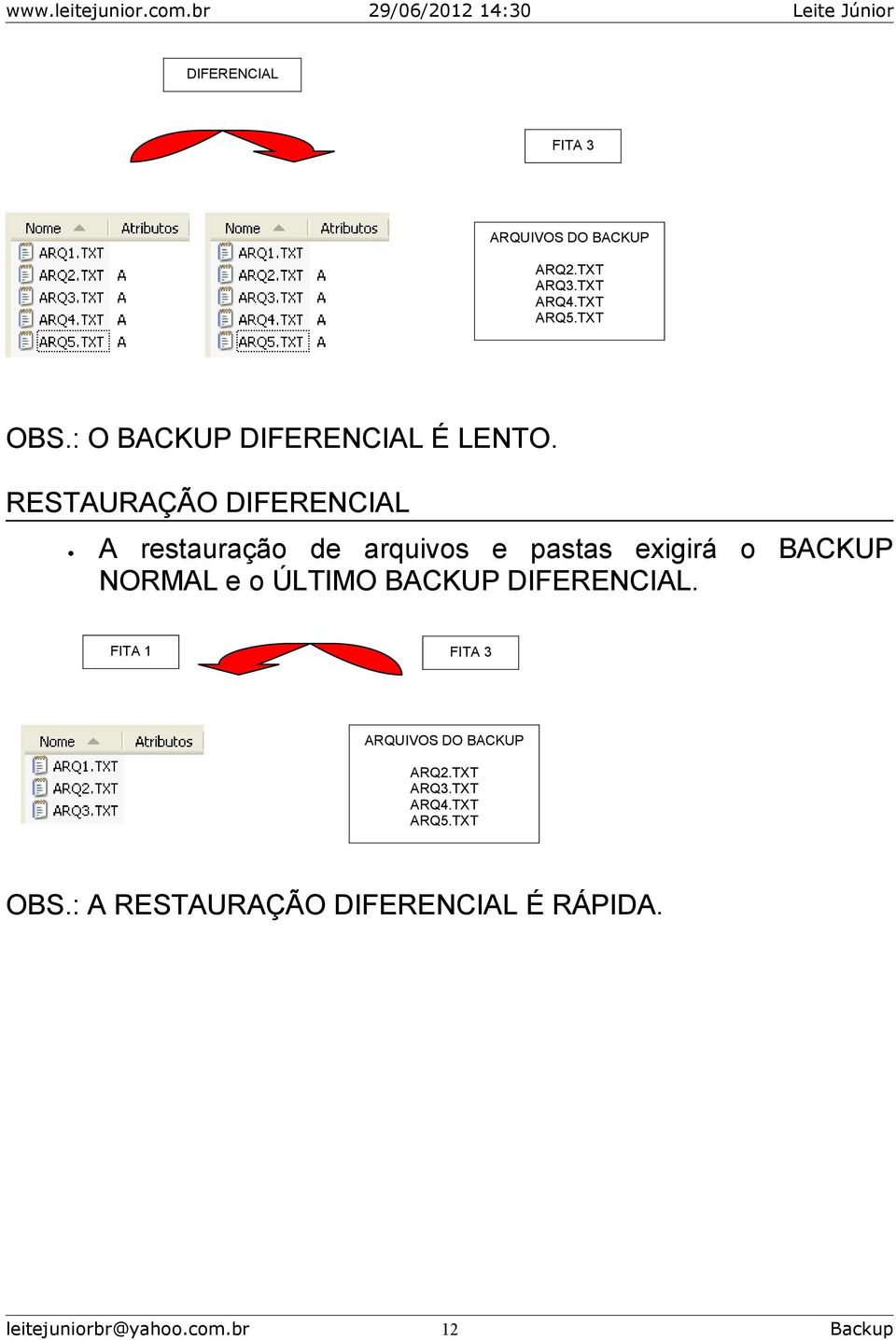 RESTAURAÇÃO DIFERENCIAL A restauração de arquivos e pastas exigirá o BACKUP NORMAL e o