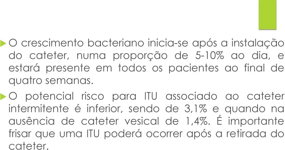 O potencial risco para ITU associado ao cateter intermitente é inferior, sendo de 3,1% e