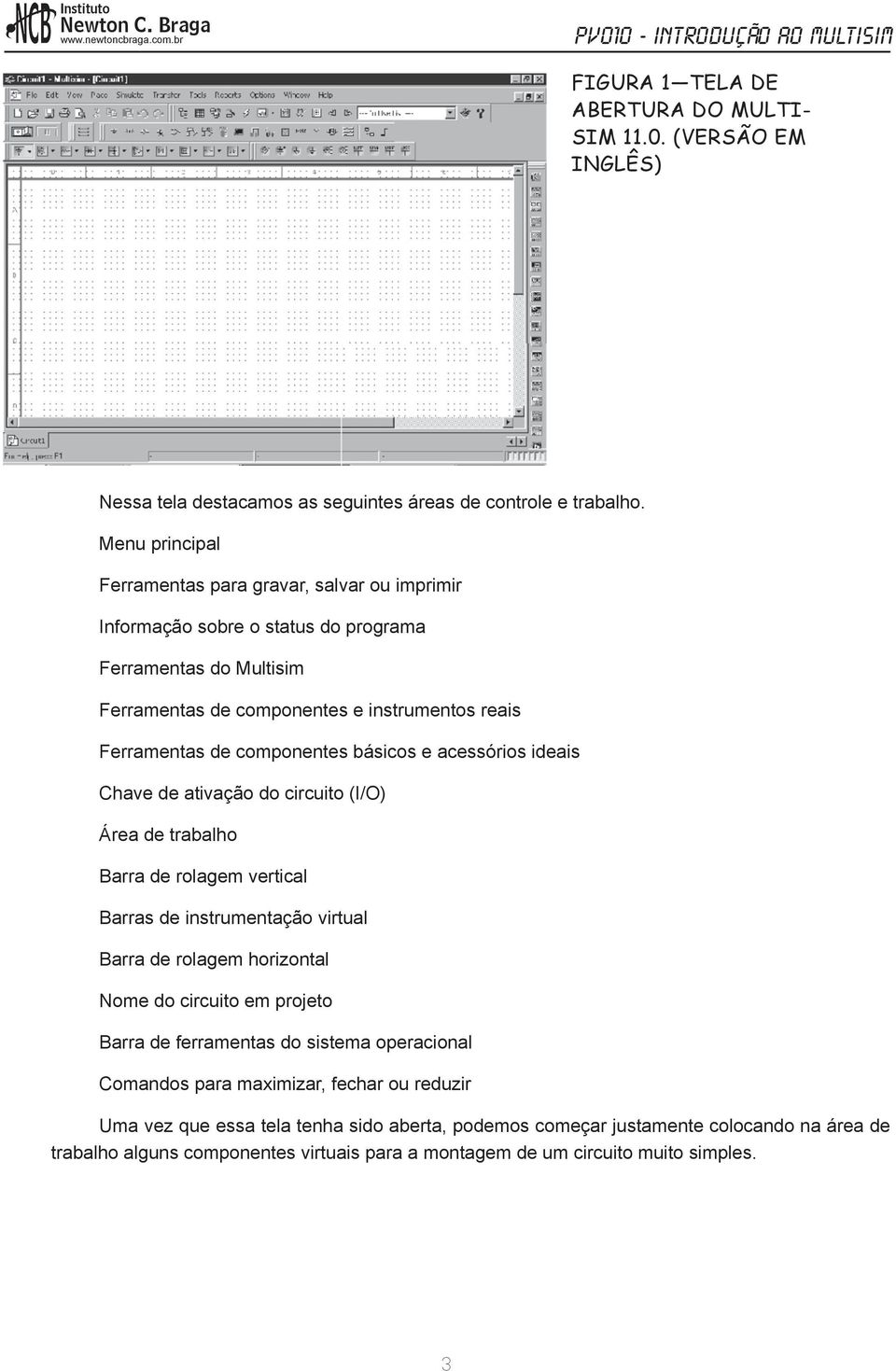 componentes básicos e acessórios ideais Chave de ativação do circuito (I/O) Área de trabalho Barra de rolagem vertical Barras de instrumentação virtual Barra de rolagem horizontal Nome do