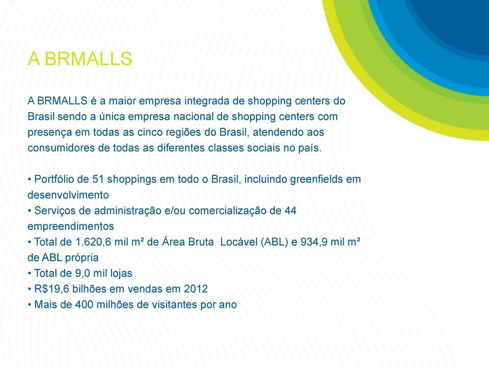 Portfólio de 51 shoppings em todo o Brasil, incluindo greenfields em desenvolvimento Serviços de administração e/ou comercialização de 44