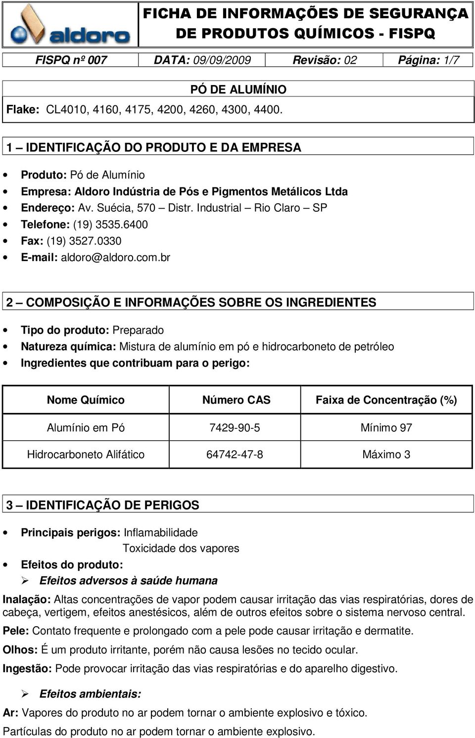 br 2 COMPOSIÇÃO E INFORMAÇÕES SOBRE OS INGREDIENTES Tipo do produto: Preparado Natureza química: Mistura de alumínio em pó e hidrocarboneto de petróleo Ingredientes que contribuam para o perigo: Nome