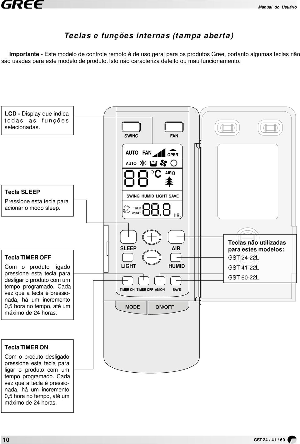 SWING HUMID LIGHT SAVE TIMER ON OFF HR. Tecl TIMER OFF Com o produto ligdo pressione est tecl pr desligr o produto com um tempo progrmdo.