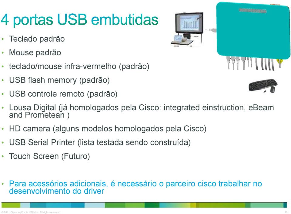 homologados pela Cisco) USB Serial Printer (lista testada sendo construída) Touch Screen (Futuro) Para acessórios
