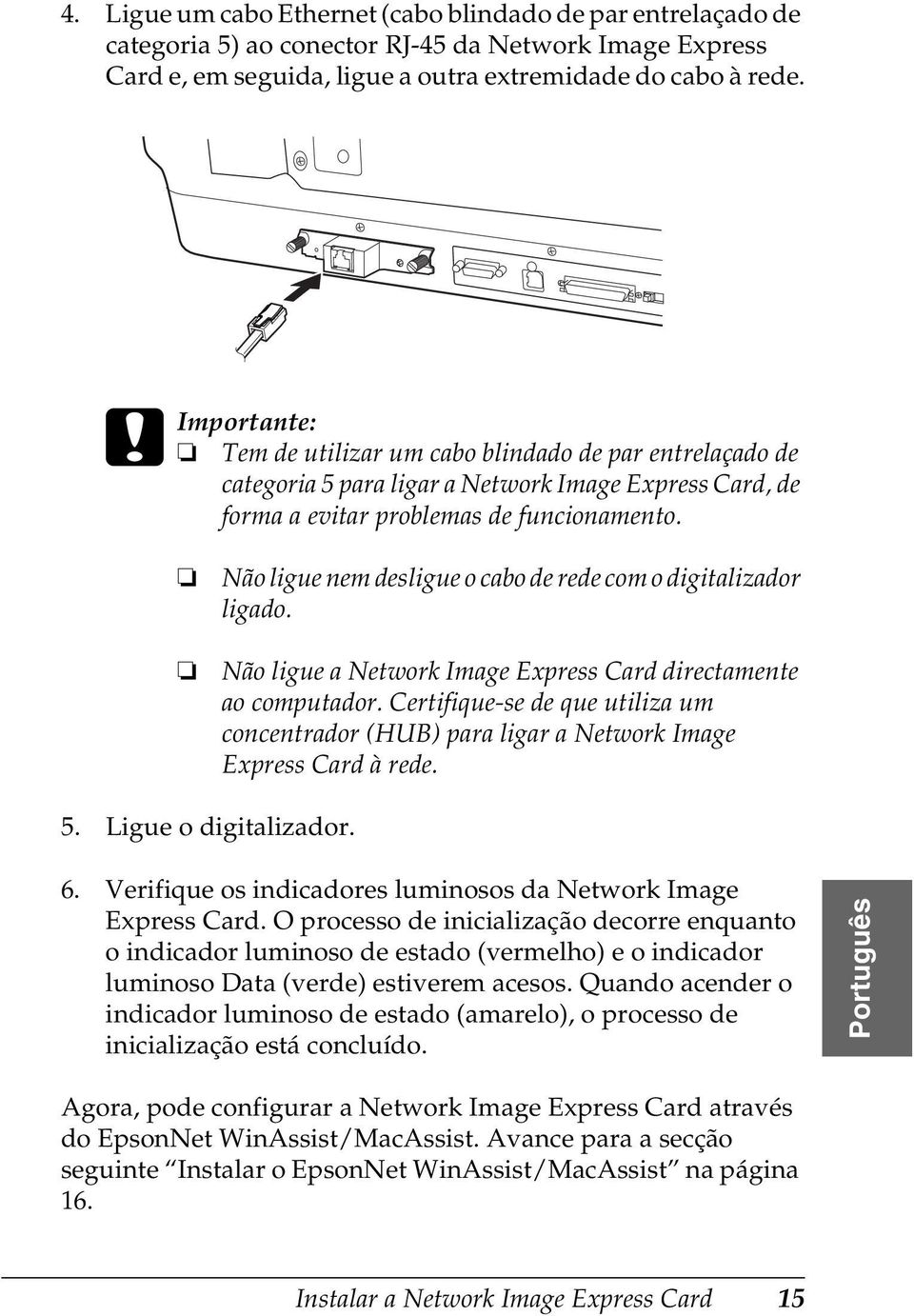 Não ligue nem desligue o cabo de rede com o digitalizador ligado. Não ligue a Network Image Express Card directamente ao computador.