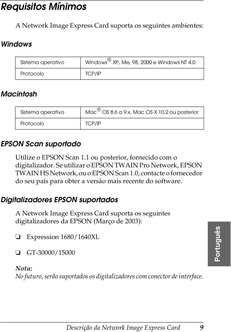 Digitalizadores EPSON suportados A Network Image Express Card suporta os seguintes digitalizadores da EPSON (Março de 003): Sistema operativo Windows XP, Me, 98, 000 e Windows NT.