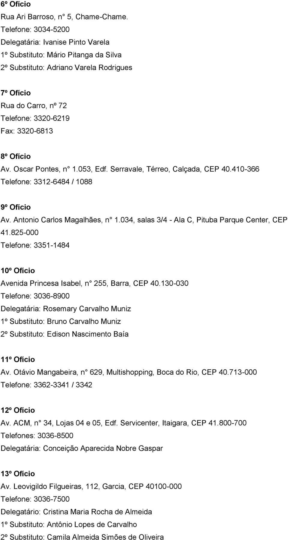 Ofício Av. Oscar Pontes, n 1.053, Edf. Serravale, Térreo, Calçada, CEP 40.410-366 Telefone: 3312-6484 / 1088 9º Ofício Av. Antonio Carlos Magalhães, n 1.