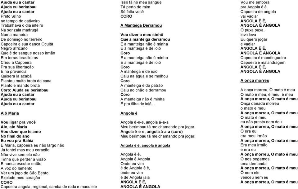 berimbau Ajuda eu a cantar Ajuda eu berimbau Ajuda eu a cantar Alô Maria Vou ligar pra você Alo, alo Maria Vou dizer que te amo No final do ano Eu vou pra Bahia E Maria, capoeira eu não largo não Já