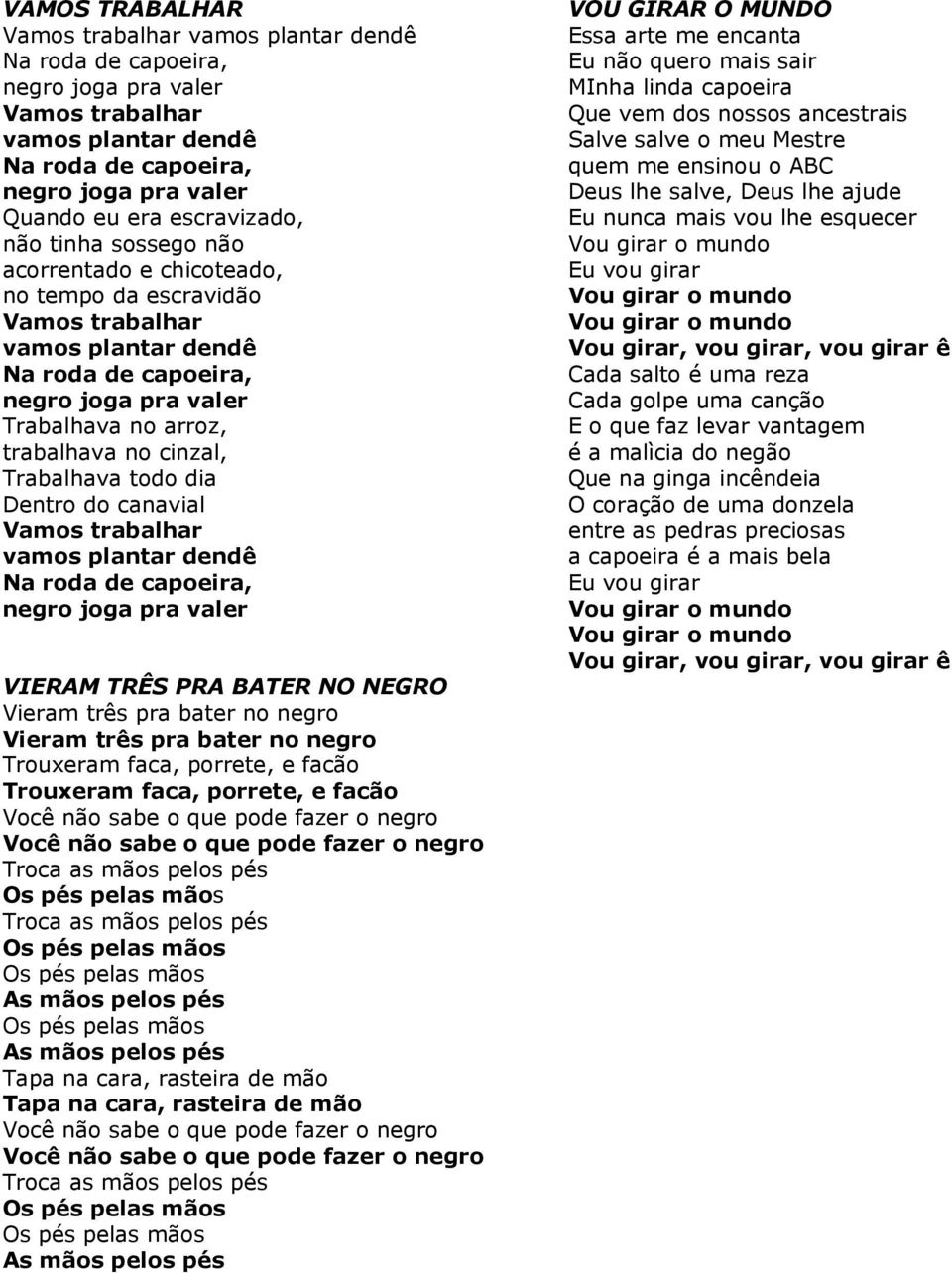 Trabalhava todo dia Dentro do canavial Vamos trabalhar vamos plantar dendê Na roda de capoeira, negro joga pra valer VIERAM TRÊS PRA BATER NO NEGRO Vieram três pra bater no negro Vieram três pra