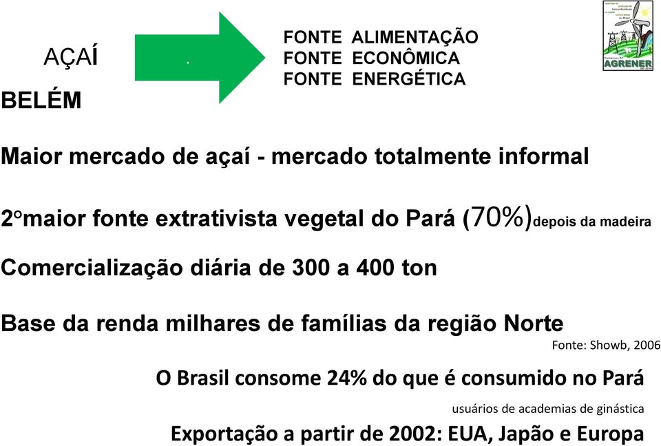 maior fonte extrativista vegetal do Pará (70%)depois da madeira Comercialização diária de 300 a 400 ton