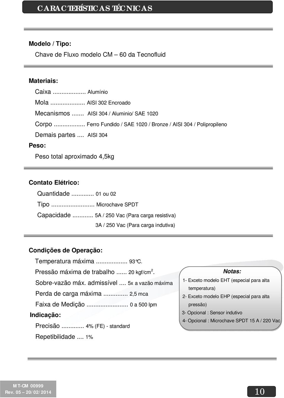 .. 5A / 250 Vac (Para carga resistiva) 3A / 250 Vac (Para carga indutiva) Condições de Operação: Temperatura máxima... 93 C. Pressão máxima de trabalho... 20 kgf/cm 2. Sobre-vazão máx. admissível.