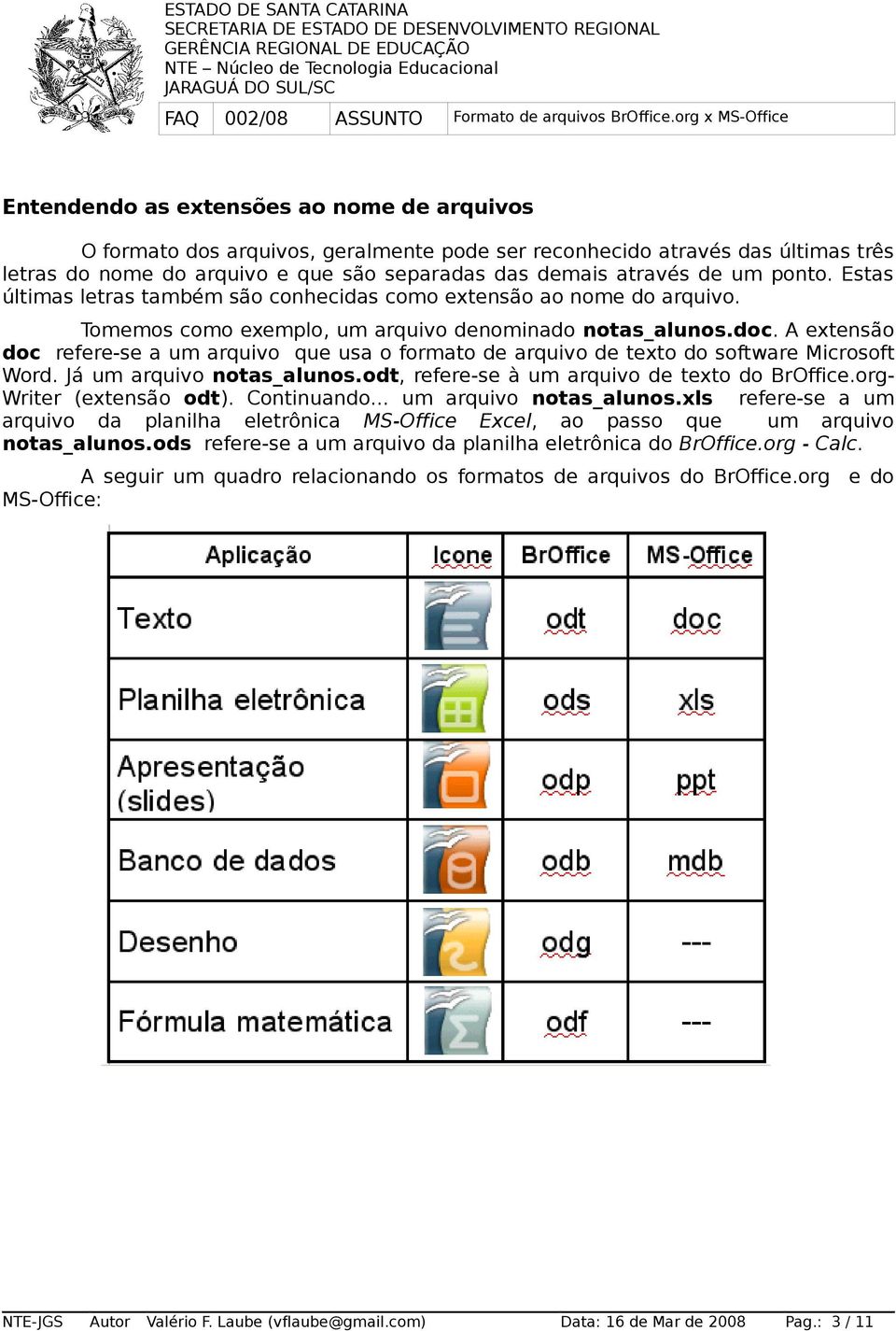 A extensão doc refere-se a um arquivo que usa o formato de arquivo de texto do software Microsoft Word. Já um arquivo notas_alunos.odt, refere-se à um arquivo de texto do BrOffice.