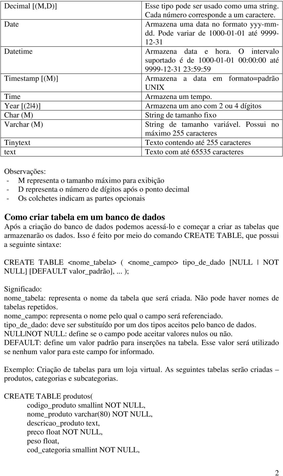 O intervalo suportado é de 1000-01-01 00:00:00 até 9999-12-31 23:59:59 Armazena a data em formato=padrão UNIX Armazena um tempo.