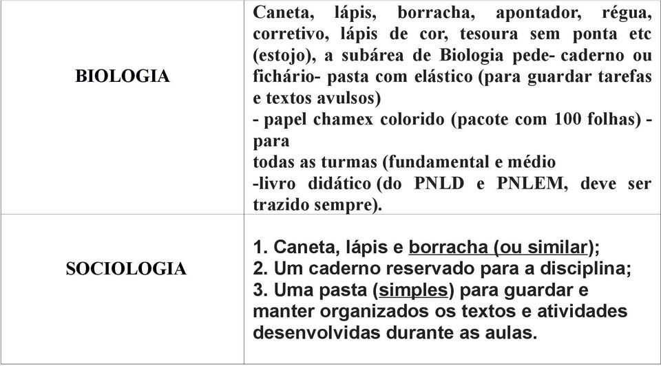 todas as turmas (fundamental e médio -livro didático (do PNLD e PNLEM, deve ser trazido sempre). 1. Caneta, lápis e borracha (ou similar); 2.