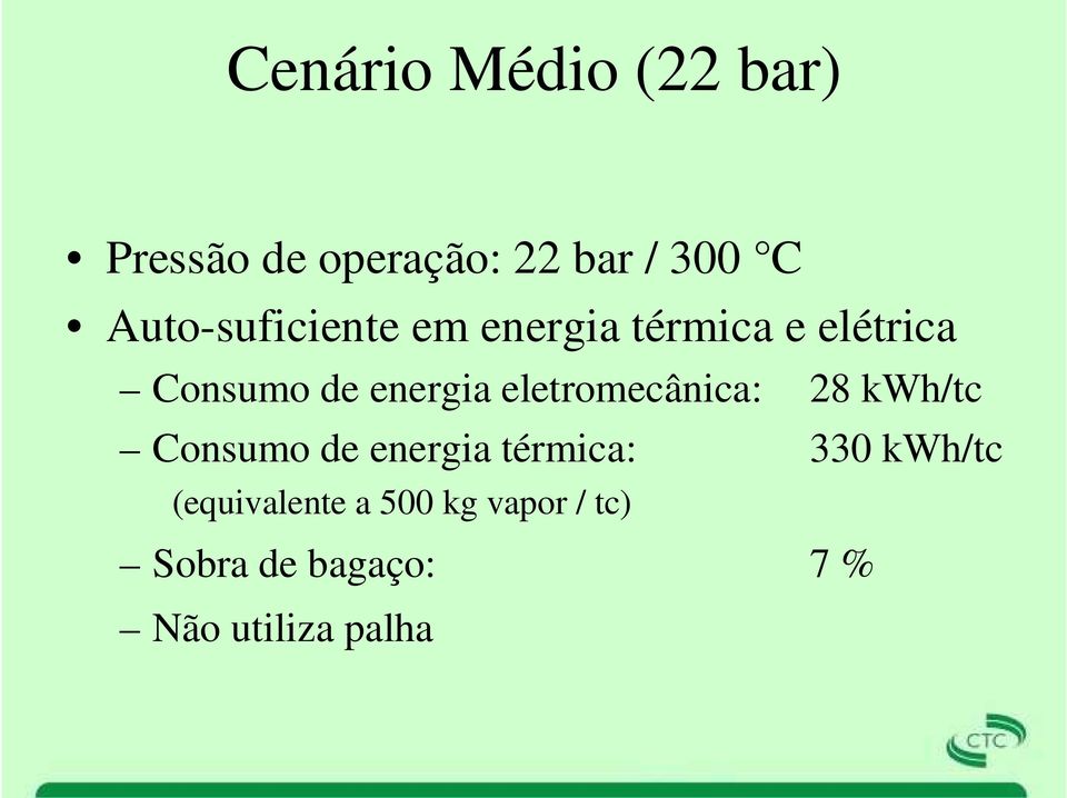 eletromecânica: 28 kwh/tc Consumo de energia térmica: 330 kwh/tc