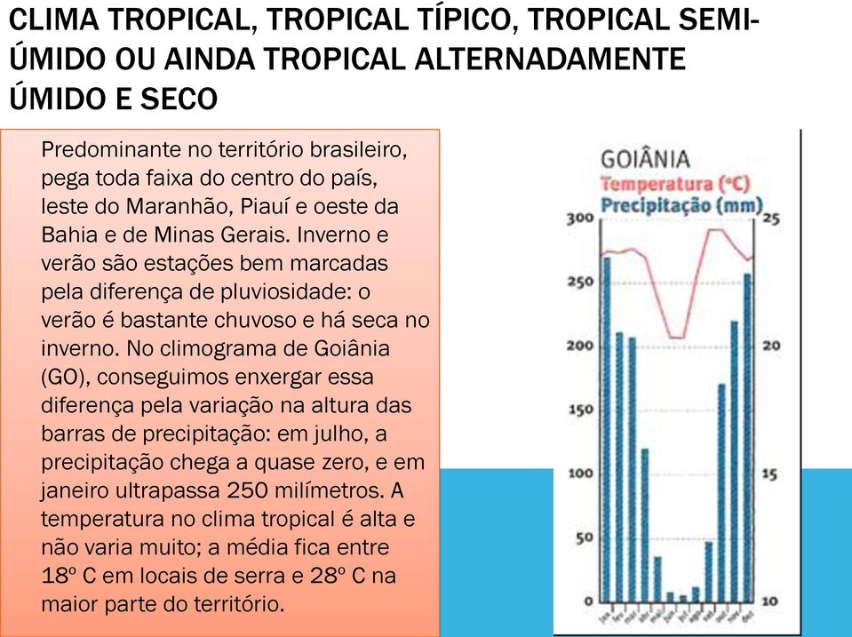 Inverno e verão são estações bem marcadas pela diferença de pluviosidade: o verão é bastante chuvoso e há seca no inverno.