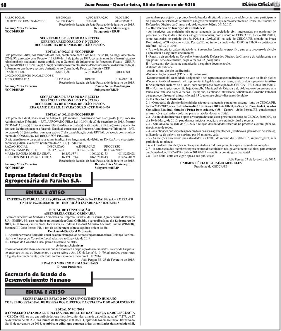 Amaury Mota Carneiro Renato Neiva Montenegro NCCDI/RRJP Subgerente / RRJP SECRETARIA DE ESTADO DA RECEITA GERÊNCIA REGIONAL DO 1º NÚCLEO RECEBEDORIA DE RENDAS DE JOÃO PESSOA EDITAL nº