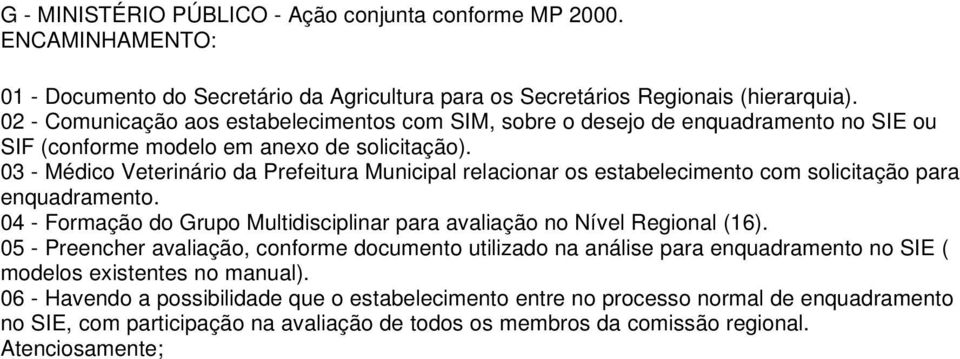 03 - Médico Veterinário da Prefeitura Municipal relacionar os estabelecimento com solicitação para enquadramento. 04 - Formação do Grupo Multidisciplinar para avaliação no Nível Regional (16).