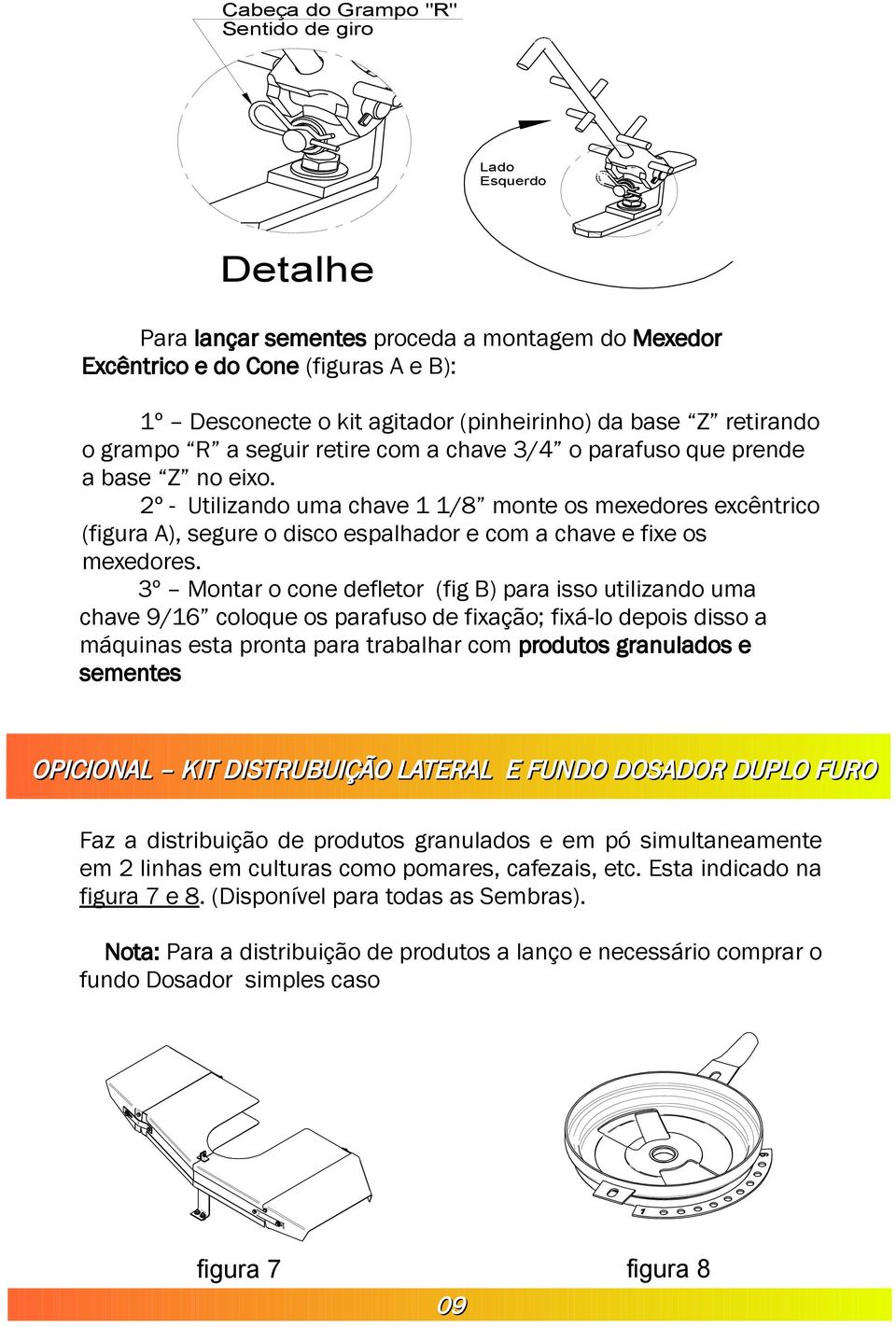 2º - Utilizando uma chave 1 1/8 monte os mexedores excêntrico (figura A), segure o disco espalhador e com a chave e fixe os mexedores.