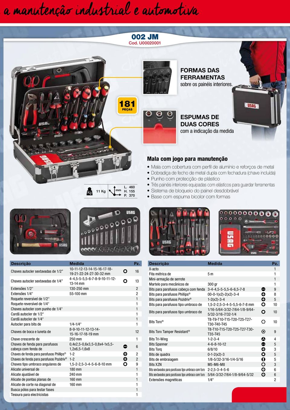 painéis interiores equipadas com elásticos para guardar ferramentas Sistema de bloqueio do painel desdobrável Base com espuma bicolor com formas Chaves autocler sextavadas de