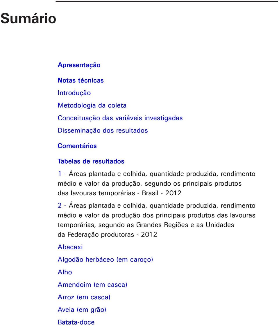 Brasil - 2012 2 - Áreas plantada e colhida, quantidade, rendimento e valor da produção dos principais produtos das lavouras temporárias, segundo as