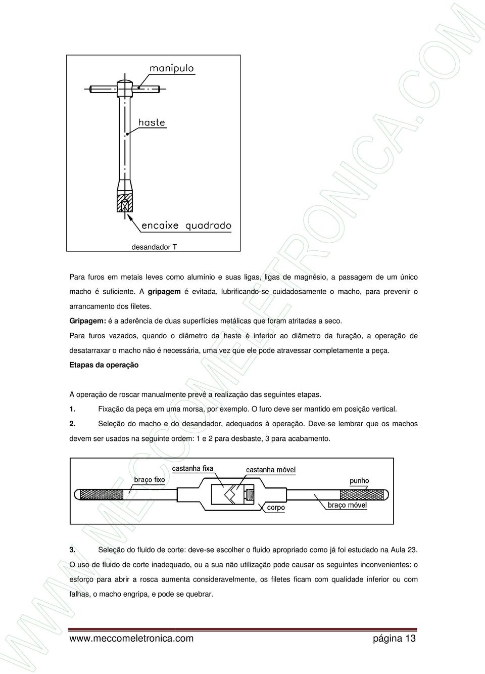 Para furos vazados, quando o diâmetro da haste é inferior ao diâmetro da furação, a operação de desatarraxar o macho não é necessária, essária, uma vez que ele pode atravessar completamente a peça.